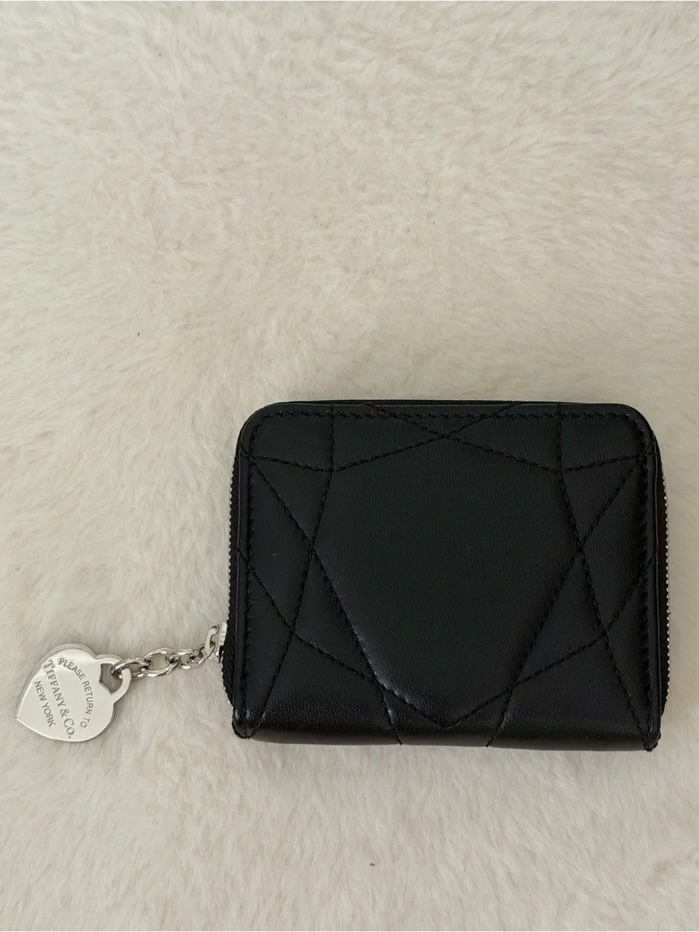 Tiffany & Co. Black Quilted Zip Wallet with Silver Heart Charm